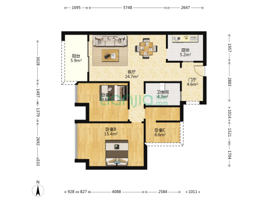 博客小镇 3室1厅1卫 90平方