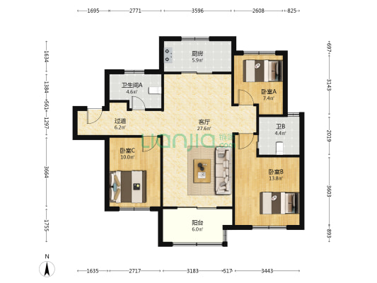 万科人才公寓 3室1厅2卫 117平方