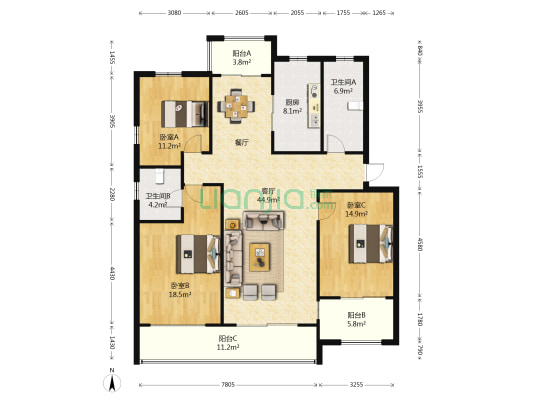 聚和园 3室1厅2卫 132平方