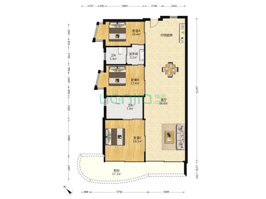 天琴湾三期 3室1厅3卫 116平方
