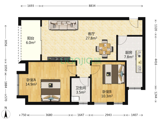 东海假日花园（高层） 2室1厅1卫 84平方