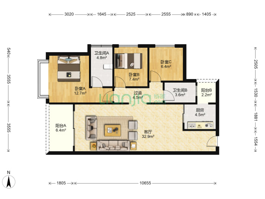 沣盛凤凰城 3室1厅2卫 109平方