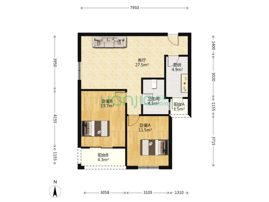 坛山花园 2室1厅1卫 86平方