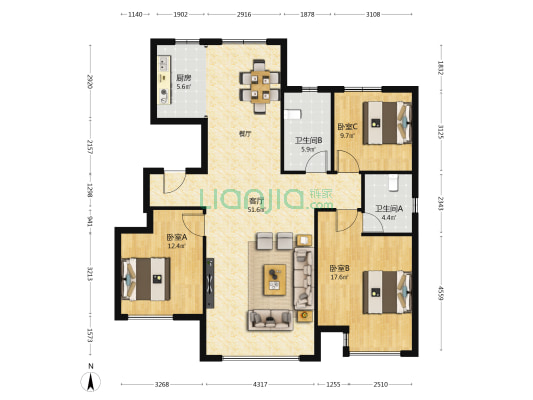 庆福南里 3室1厅2卫 143平方