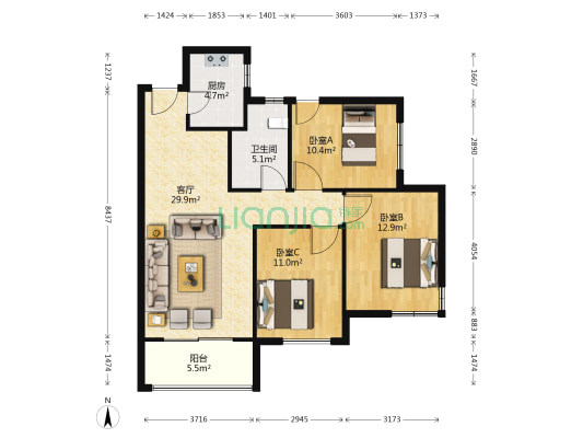 江河东澜湾 3室1厅1卫 97平方