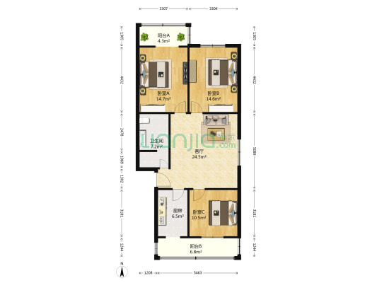 福山北里 3室1厅1卫 114平方