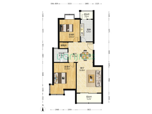 荣振馨苑 2室2厅1卫 91平方