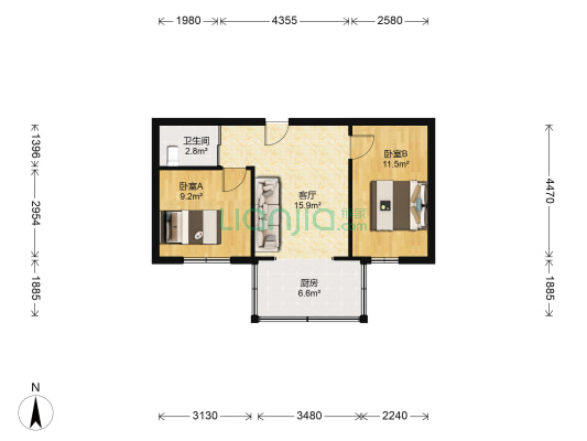 看守所宿舍 2室1厅1卫 56平方