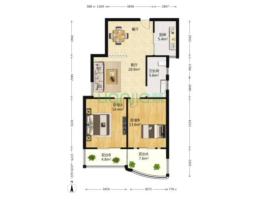 铂爵公馆 2室1厅1卫 91平方