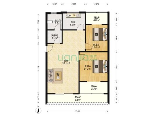 东南苑 2室1厅2卫 97平方