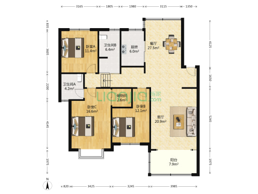 南方公寓 3室2厅2卫 134平方