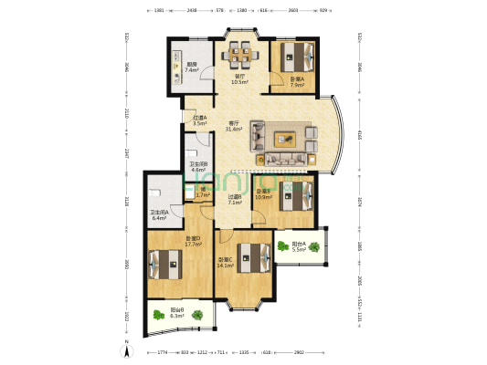 庆丰名人公寓 4室2厅2卫 175平方