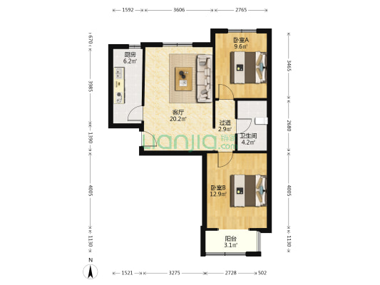君汇名邸 2室1厅1卫 87平方