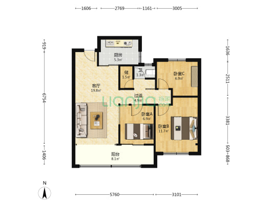 都会江来府 3室1厅1卫 89平方