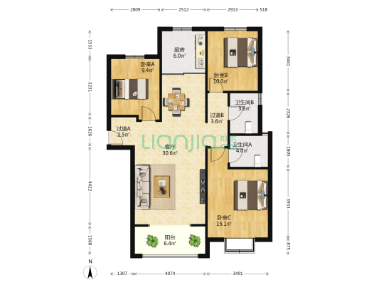 鹿锦苑 3室1厅2卫 131平方