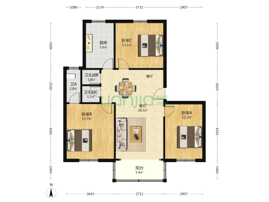 云川公寓 3室1厅3卫 108平方