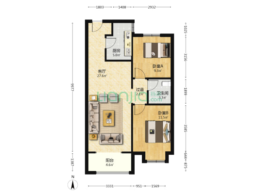 潮白河孔雀城紫薇园 2室1厅1卫 86平方