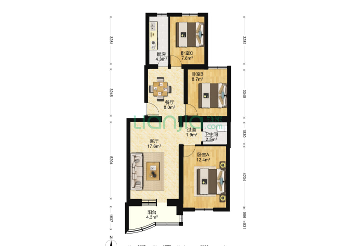 3室2厅1卫95.18㎡-北京草桥欣园20号院户型图