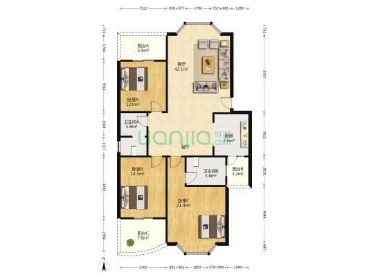 牡丹花园 3室1厅2卫 140平方