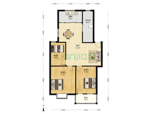 东郊新村虹鑫苑 3室1厅1卫 109平方