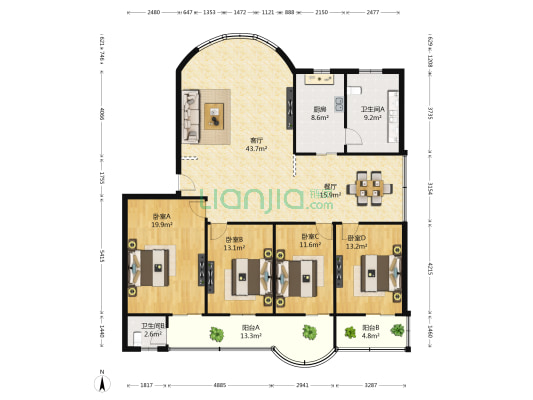 扬子洲宿舍 4室2厅2卫 177平方