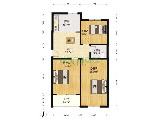 解放西路90号 3室1厅1卫 85平方