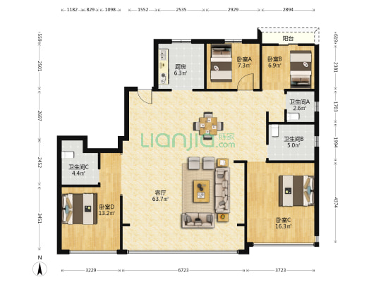 东厦万丽名筑 4室1厅3卫 165平方