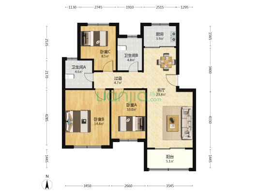 东方春锦花园 3室1厅2卫 105平方