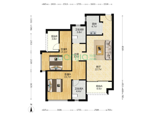 绿地新都会 2室1厅2卫 98平方