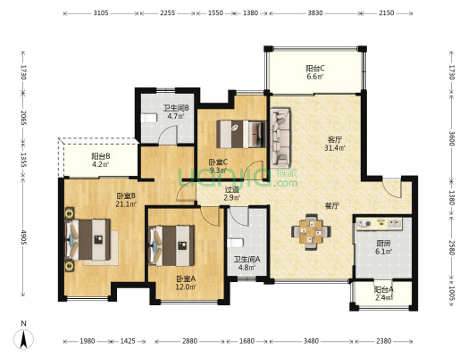 九洲保利天和一期高层 3室1厅2卫 131平方