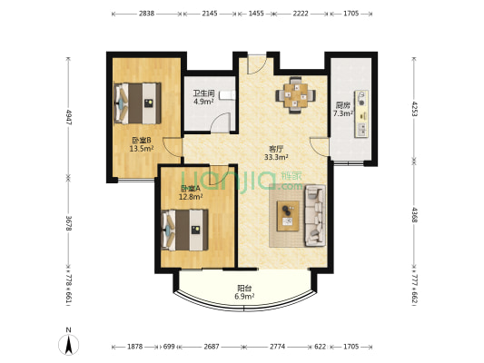 嘉宏中央悦城 2室1厅1卫 108平方