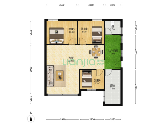 瑶芳花园 3室1厅1卫 89平方