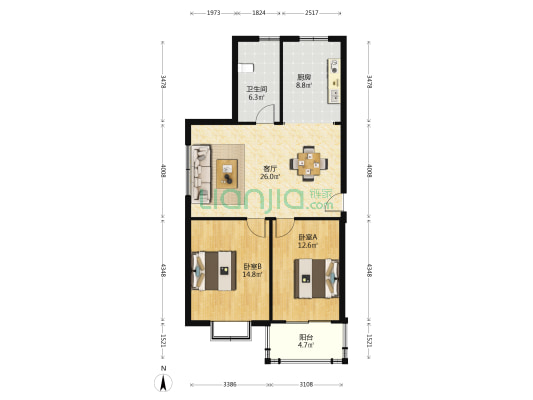 青龙花园 2室1厅1卫 87平方