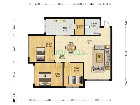 海狮楼 3室2厅1卫 90平方