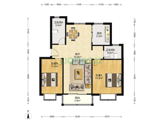 新姜窑花园 2室1厅2卫 92平方
