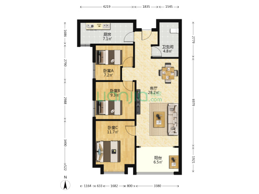 兰亭熙园 3室1厅1卫 102平方