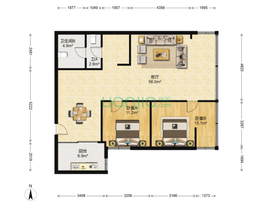 天润大厦 2室1厅2卫 140平方