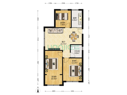 西欧翡翠苑 3室1厅1卫 93平方