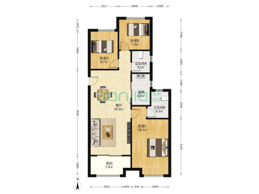 阳光城尚东湾青云苑 3室1厅2卫 105平方