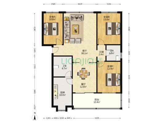 河东巷6号 3室2厅2卫 130平方