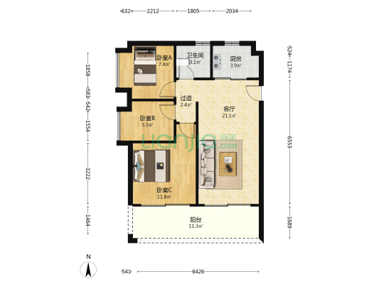 富力湾二期 3室1厅1卫 82平方