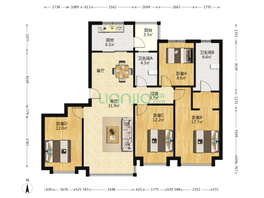 中国铁建西派时代 4室1厅2卫 143平方