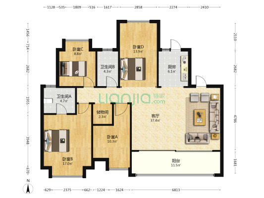 龙湖景粼天著印月阑 4室1厅2卫 138平方