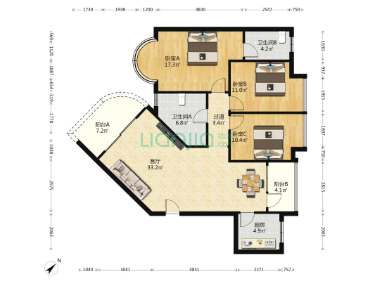 三青大厦 3室1厅2卫 125平方