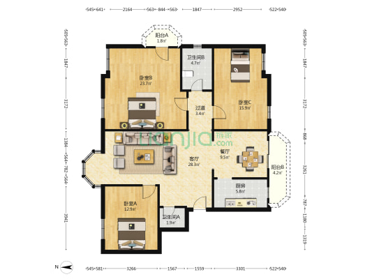 四海花园 3室2厅2卫 130平方