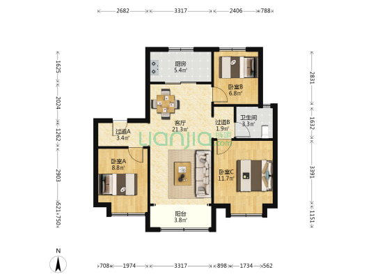 中骏皓景湾 3室1厅1卫 91平方
