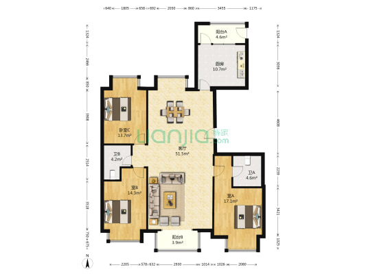 万达天玺小区 3室1厅2卫 161平方