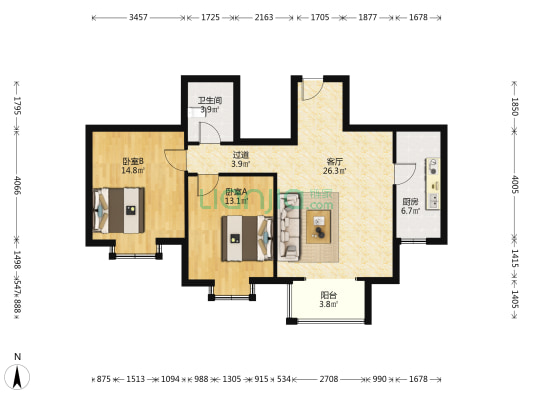 北京御园 2室1厅1卫 96平方