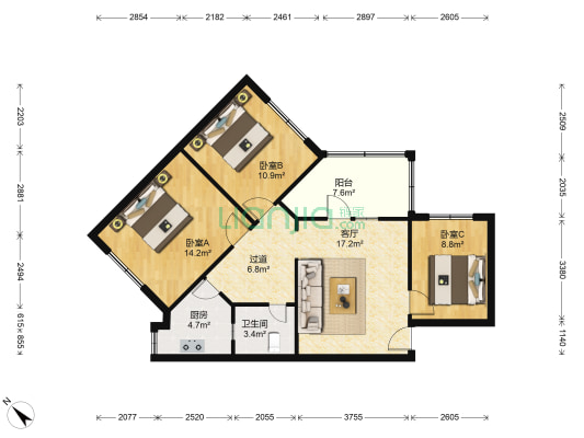 大石南路40号 3室1厅1卫 82平方