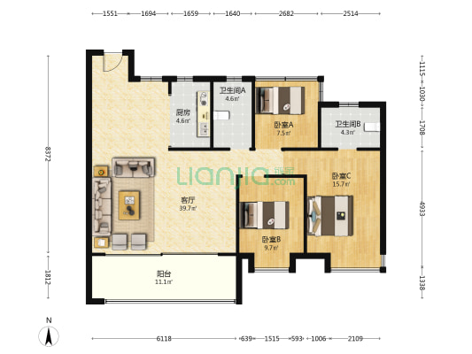 龙湖亚伦学樘府 3室1厅2卫 130平方